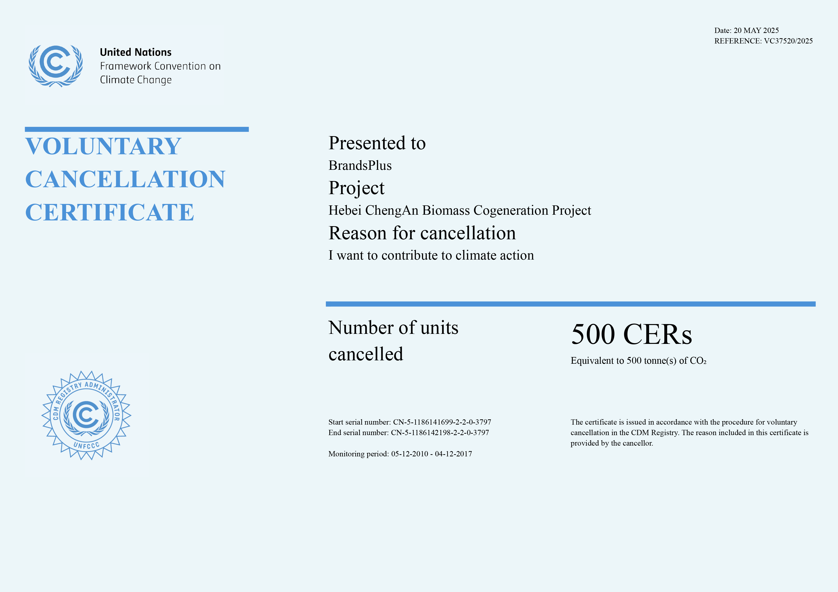 Carbon offset certificate showing 500 CERs cancelled, equivalent to 500 tonnes of CO2.